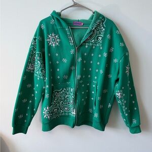 Edikted Women's Kelly Green Bandana Hood Full Zip Fleece Paisley